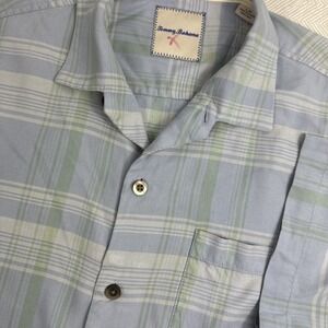 Tommy Bahama Men's Large 100% Silk Button Up Shirt Short Sleeve Blue Plaid Beach